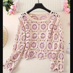 Crochet open Knit Boho Top Sweater Light Purple NEW sz